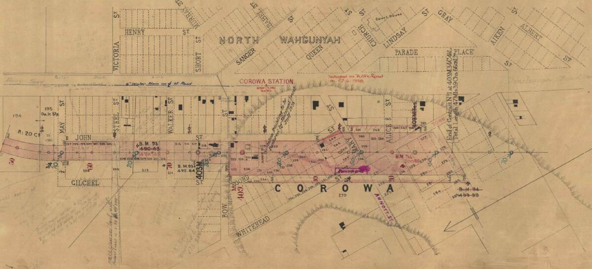 Historical blueprint: A map showing the original design for the railway line and station at Corowa. North in the chart is actually south in reality with Sanger Street, the town's shopping heart, under the heading North Wahgunyah. 