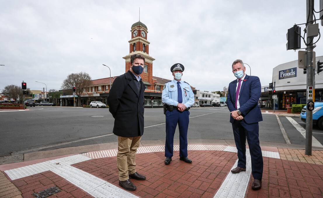 Exercise caution: Albury's NSW MP Justin Clancy, police chief Superintendent Paul Smith and mayor Kevin Mack have warned people to continue to follow COVID protocols following the end of lockdown. Picture: JAMES WILTSHIRE