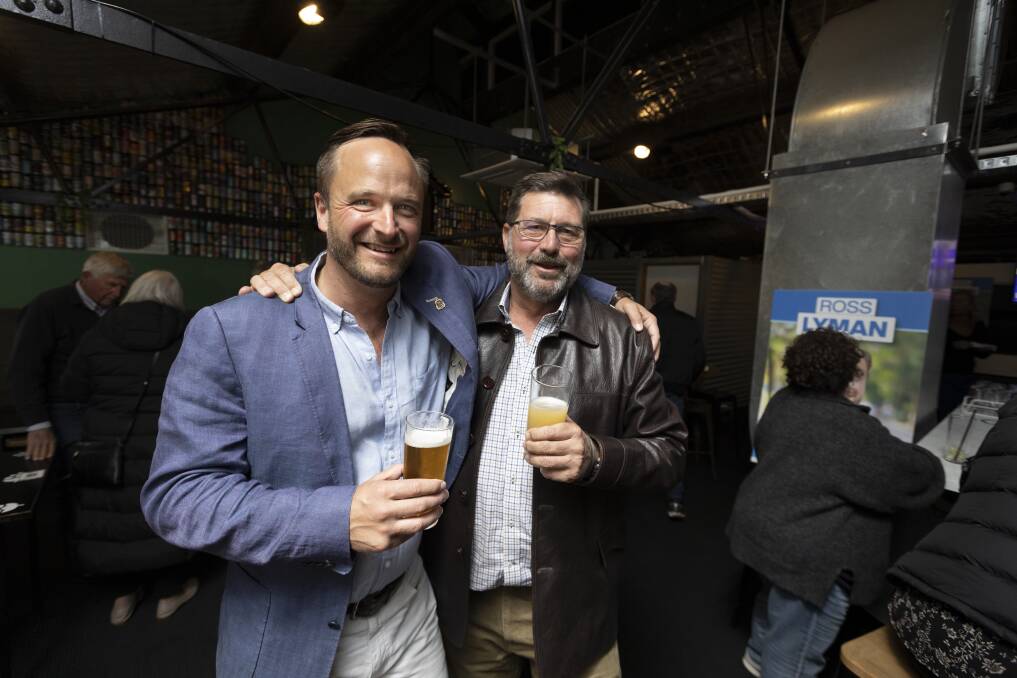 Conservative colleagues: Indi Liberal candidate Ross Lyman with fellow party member and MP for Benambra Bill Tilley at The Goods Shed in Wodonga on Saturday night. Picture: ASH SMITH