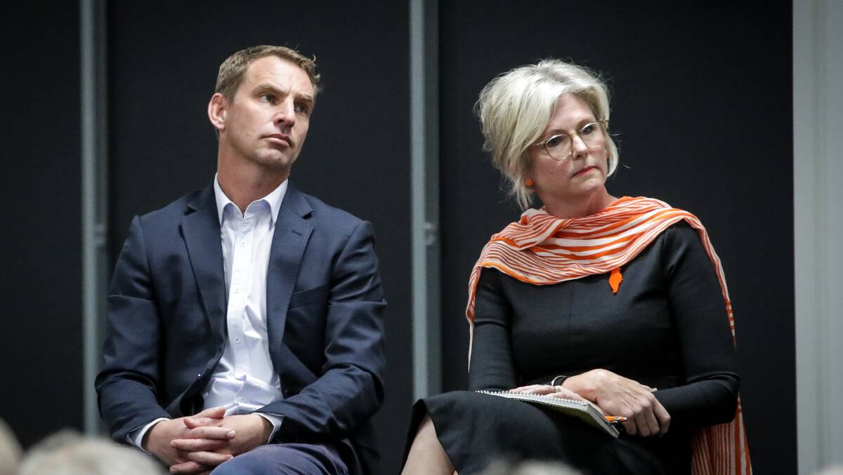Flashback: Liberal candidate for Indi Steve Martin with independent Helen Haines at a candidates' forum during the 2019 election campaign. Uncertainty surrounds who the Liberal contender will be looking over Dr Haines' shoulder in the 2022 contest for Indi.
