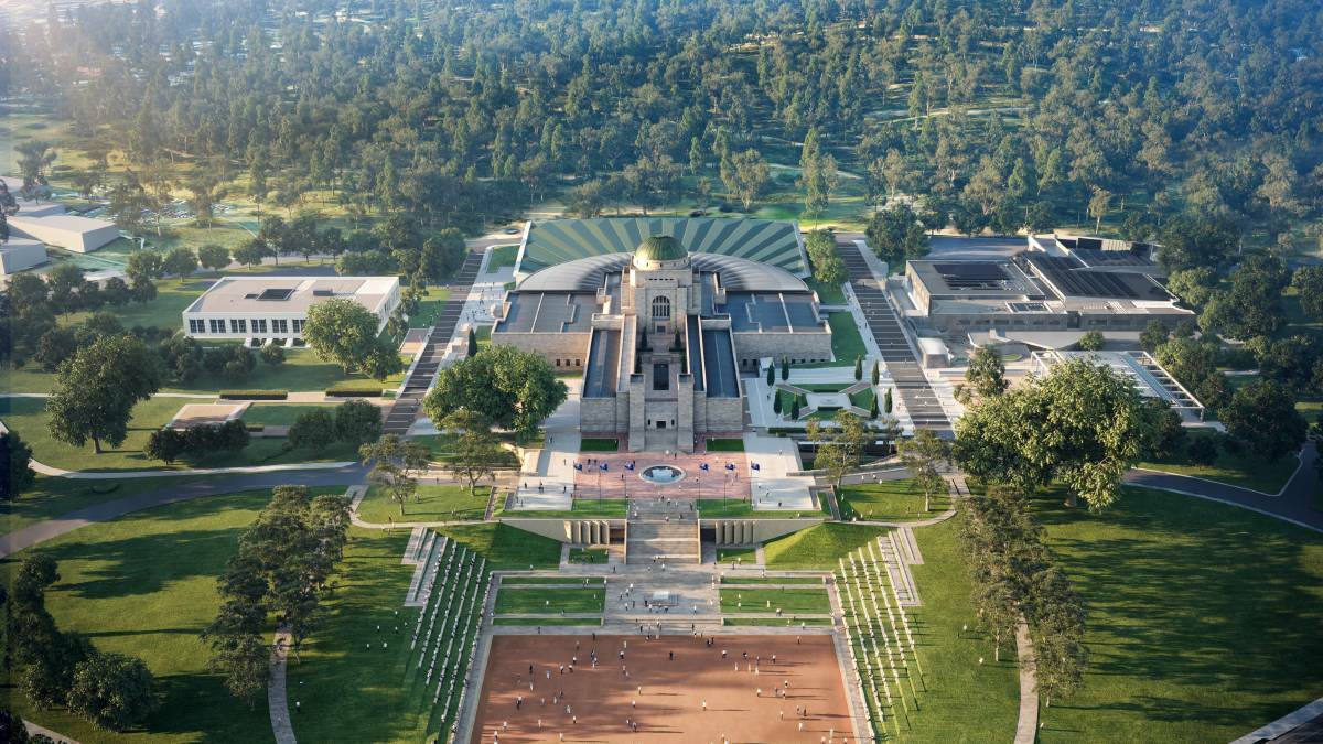 An artist's impression of how the revamped Australian War Memorial will appear with a roof at the rear of the body of the building designed to appear like the rising sun motif worn by diggers.