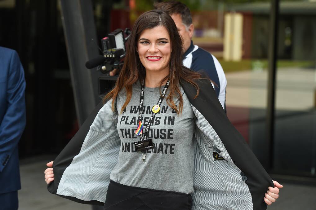 Celebrating: Wodonga councillor Kat Bennett marked International Women's Day with a T-shirt declaring 'A woman's place is in the House and Senate'.