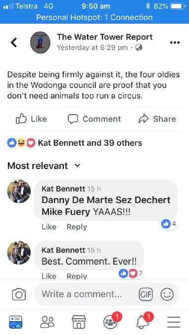 Liked it: Screen grab showing Cr Bennett's enthusiasm for potshot at fellow councillors from satirical blog The Water Tower Report.