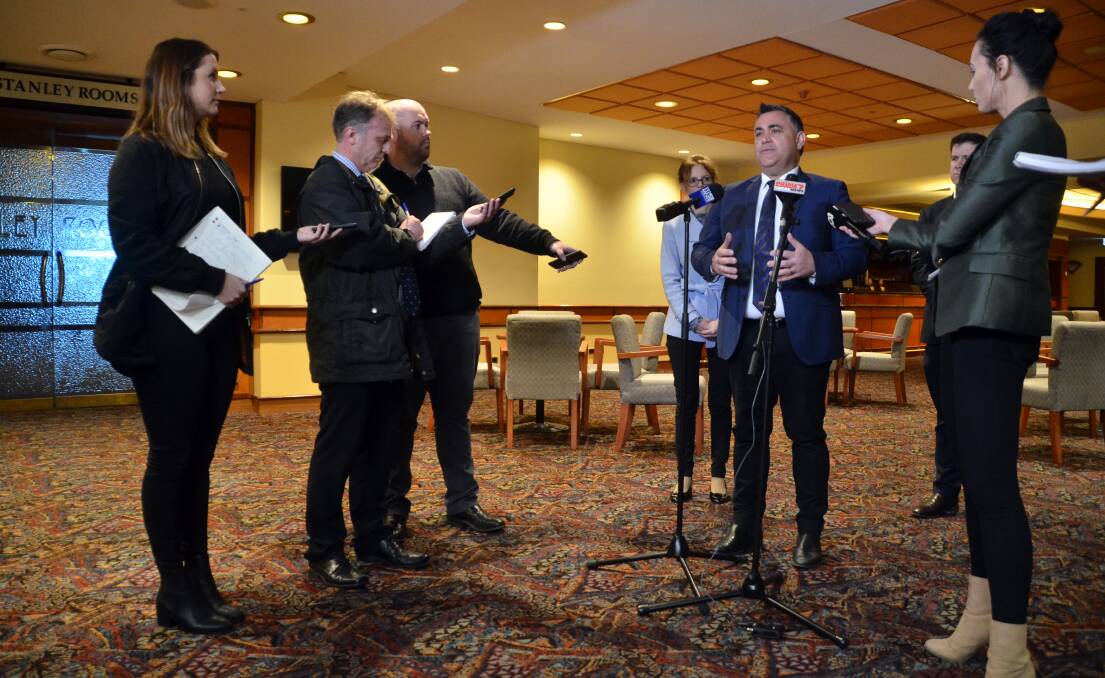 Making a point: NSW Deputy Premier John Barilaro speaks to the media inbetween meetings with various delegations at Albury's Commercial Club on Thursday. Picture: BLAIR THOMSON