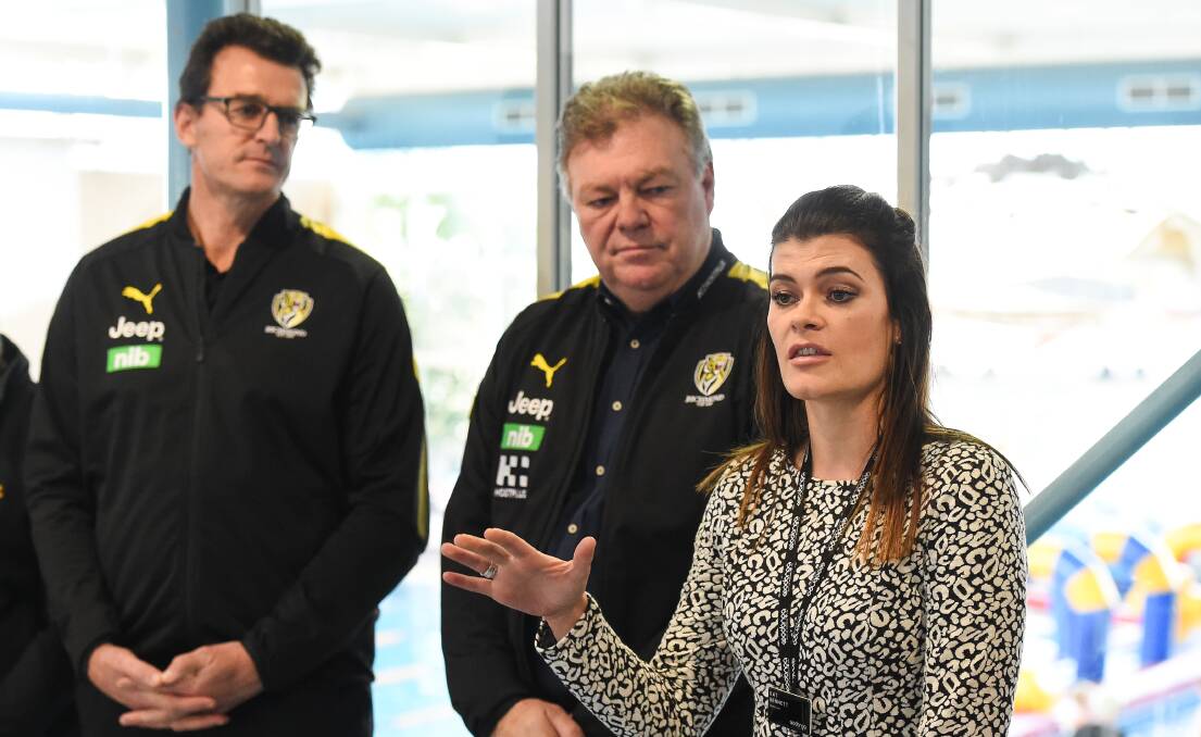 Richmond chief executive Brendon Gale and administrator Neil Balme with then Wodonga councillor Kat Bennett at the launch of Aligned Leisure's management of the Twin Cities' pools in 2018.