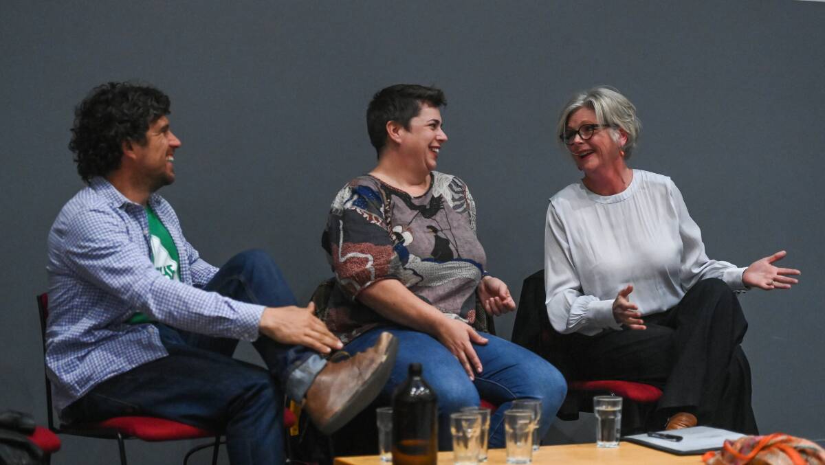 Moment of levity: Greens candidate Benjamin Gilbert, Labor contender Nadia David and Indi MP Helen Haines at the election conversation in Wodonga. Picture: MARK JESSER