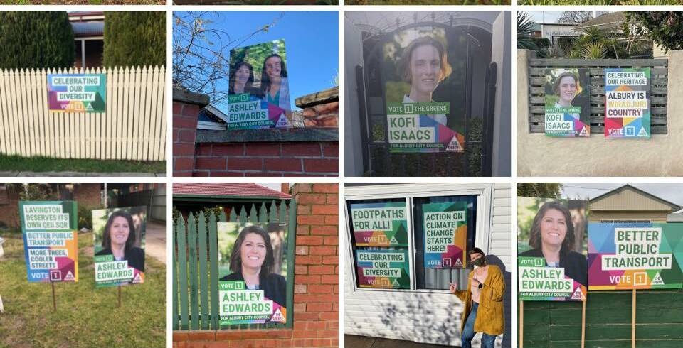 Staking territory: Signs which Greens supporters allowed to be placed at their properties to support Albury candidate Ashley Edwards. They were collated as part of a Facebook image.