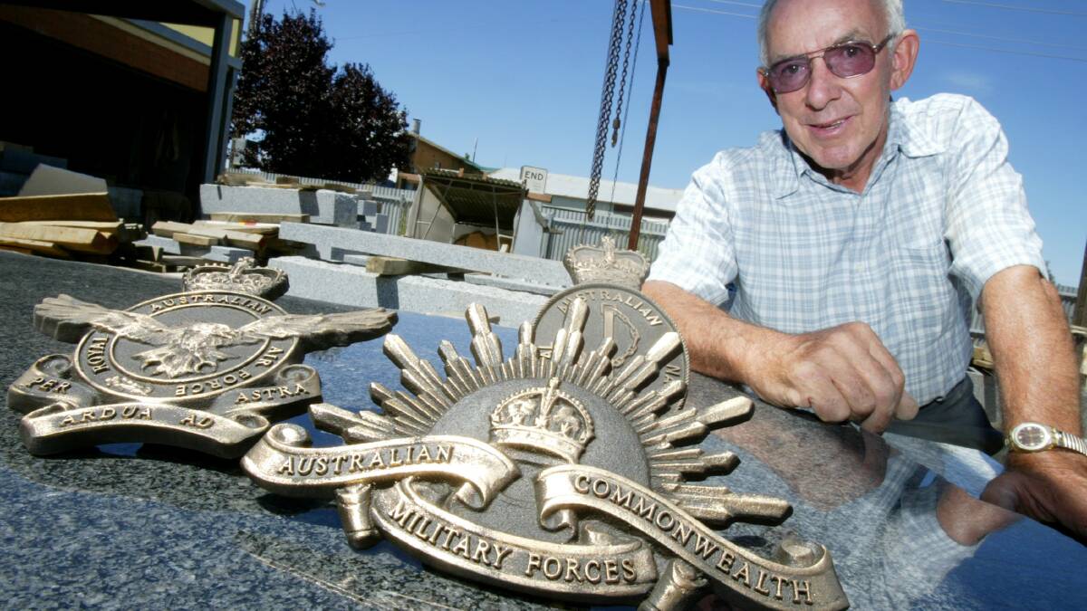 Patriotic assistance: Vic Brosolo in 2004 during preparations for stonework that would be incorporated in a roll of honour at Yackandandah.