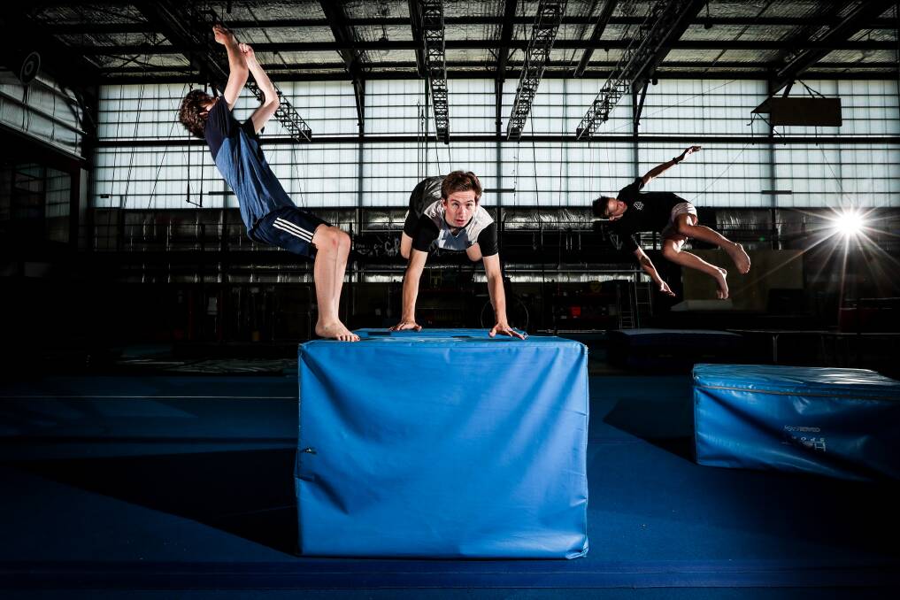 Skills on show: Jack Sharp, 14, Thomas Orchard, 16, and Jorge Beaven, 13, display their moves on blocks at the Flying Fruit Fly Circus. Similar structures could appear in a parkour playground. Picture: JAMES WILTSHIRE