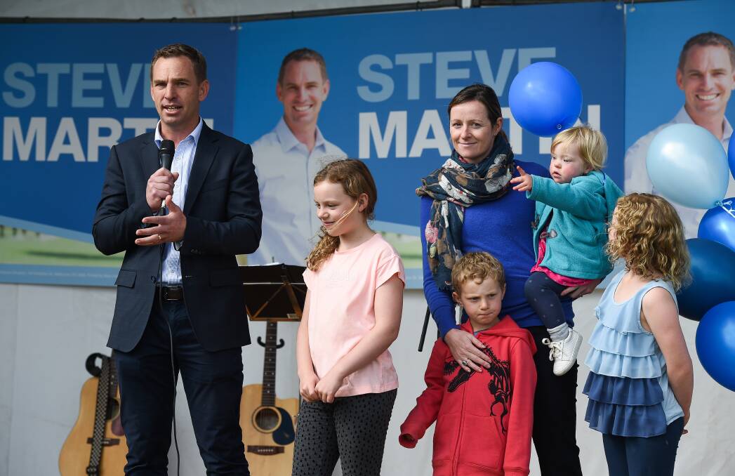 Family man: Steve Martin with wife Annabel and their children Isabelle, Samuel, Evie and Sophia at his campaign launch in Wodonga on Sunday. Picture: MARK JESSER