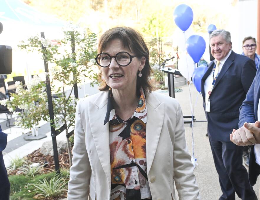 Victorian Health Minister Mary-Anne Thomas faces the media as Vince McTaggart watches on in the background at the opening of Albury hospital's new emergency department. Picture by Mark Jesser