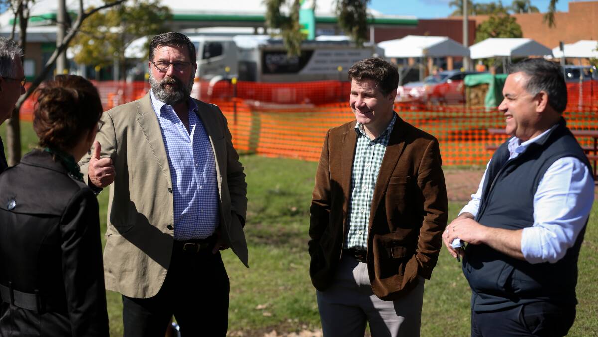 Sharing the news: Member for Cootamundra Steph Cooke, Border MPs Bill Tilley and Justin Clancy and John Barilaro after the changes were announced near Wodonga Place in Albury. Picture: JAMES WILTSHIRE