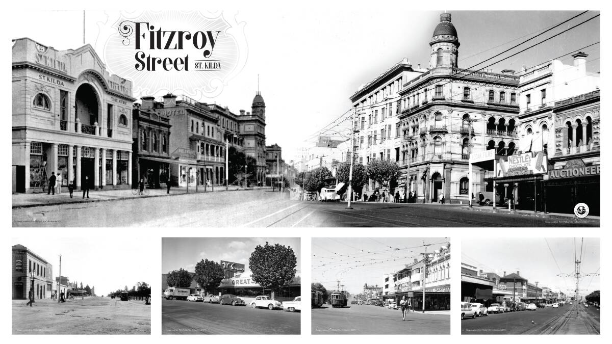 Yesteryear: Historic images of Fitzroy Street, including the St Kilda Theatre, which appear on one of the art skins.