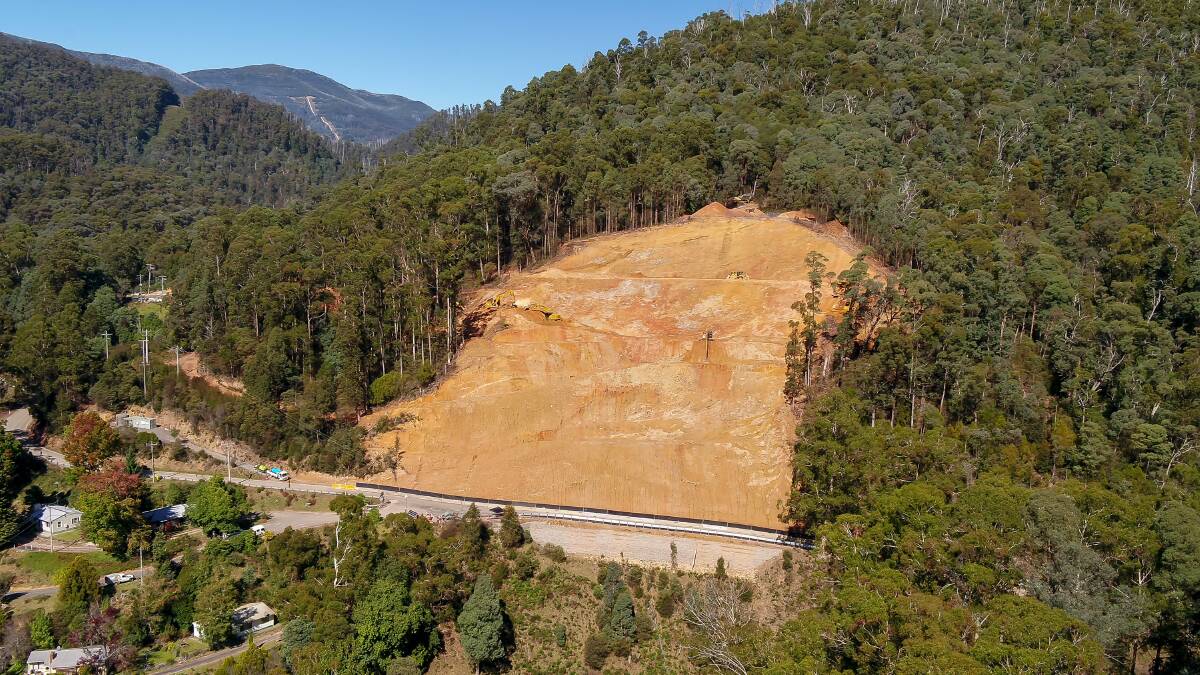 The landslide area cleaned up with debris removed from the Bogong High Plains Road to allow single-lane access. Picture supplied by Major Roads Victoria.