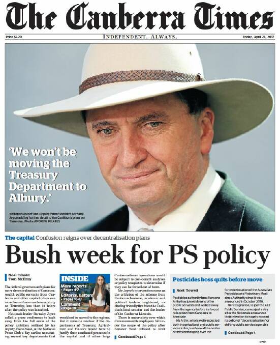 Front page treatment: The Canberra Times front page from Friday quoting Barnaby Joyce about treasury shifting to Albury.