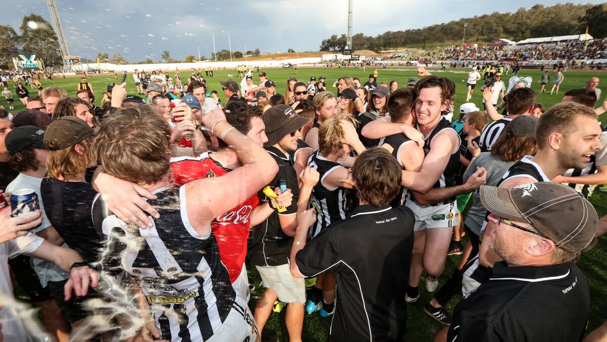 Big game venue: Wangaratta footballers celebrate after beating Albury in the 2017 Ovens and Murray league grand final.