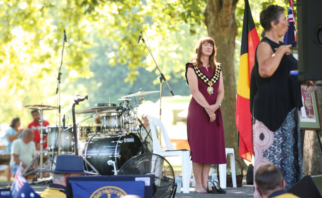 Albury mayor Kylie King watches official proceedings at Noreuil Park during a previous Australia Day.