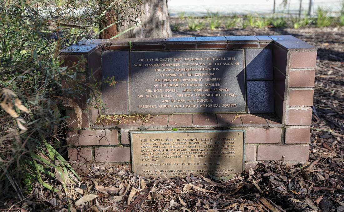 Two plaques, sponsored by the Albury and District Historical Society, which were erected in 1974 and 1980 respectively. The bottom one uses the word "discovered" in relation to Hamilton Hume reaching the waterway in 1824. Picture by James Wiltshire