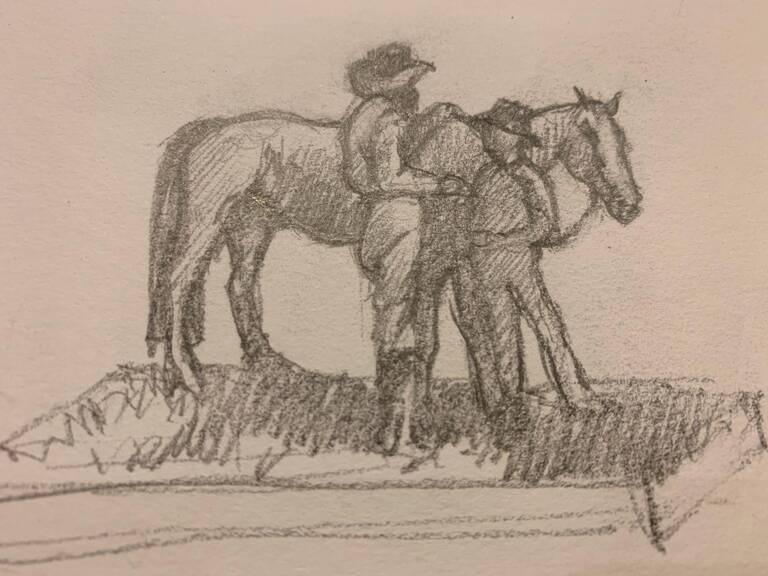 Proposed: A drawing of how the statue featuring bushranger Ned Kelly and his horse standing near future general John Monash would appear at Jerilderie. 