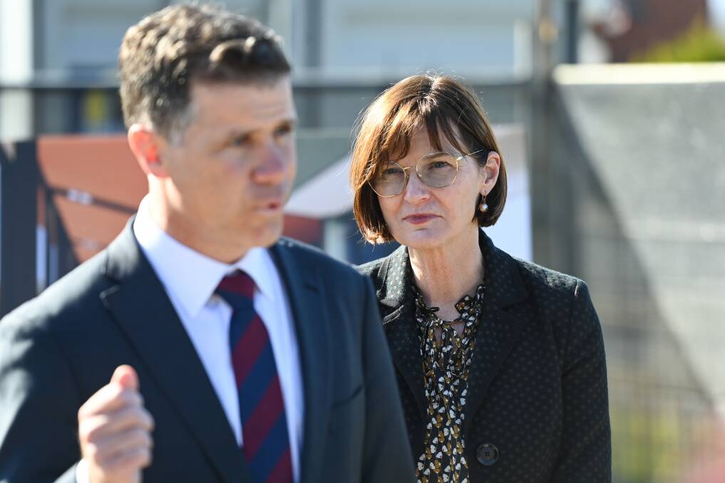 Victorian Health Minister Mary-Anne Thomas watches Albury MP Justin Clancy at an event in 2022. The Border politician will be at Wodonga Council's health summit, while Ms Thomas is an apology.