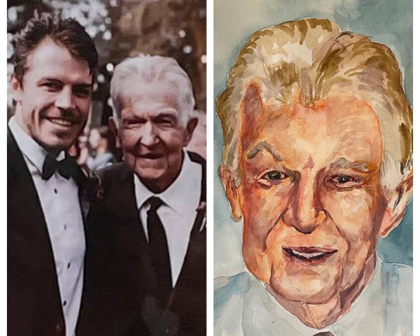 Isaac Smith with his late grandfather Kevin Smith and a portrait of the former professional cyclist who died last week. Images from Facebook.