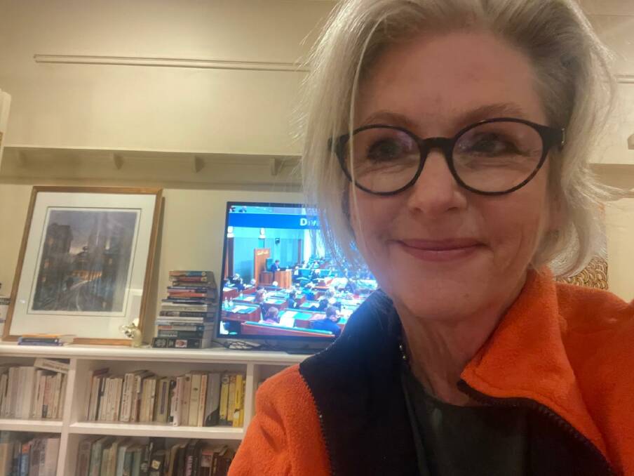 Captured: Member for Indi Helen Haines in a selfie taken in her lounge room following the passing of the climate change bill on Thursday. Picture: TWITTER