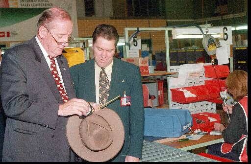 Flashback: Then Deputy Prime Minister Tim Fischer with Mr Reynoldson at the factory in 1998. A print and paint room at the site was named for Mr Fischer.
