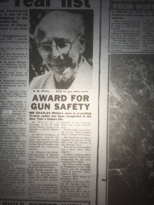 Excerpt: Charles Whitla pictured with a Border Morning Mail report published on December 31, 1980, flagging his British Empire Medal. 