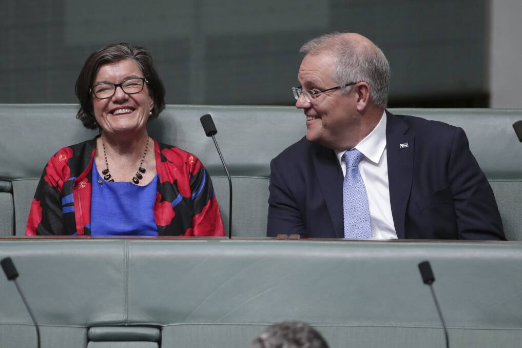 Sharing a laugh: Cathy McGowan with Scott Morrison in the House of Representatives last year. The member for Indi will meet the Prime Minister in Sydney on Tuesday.
