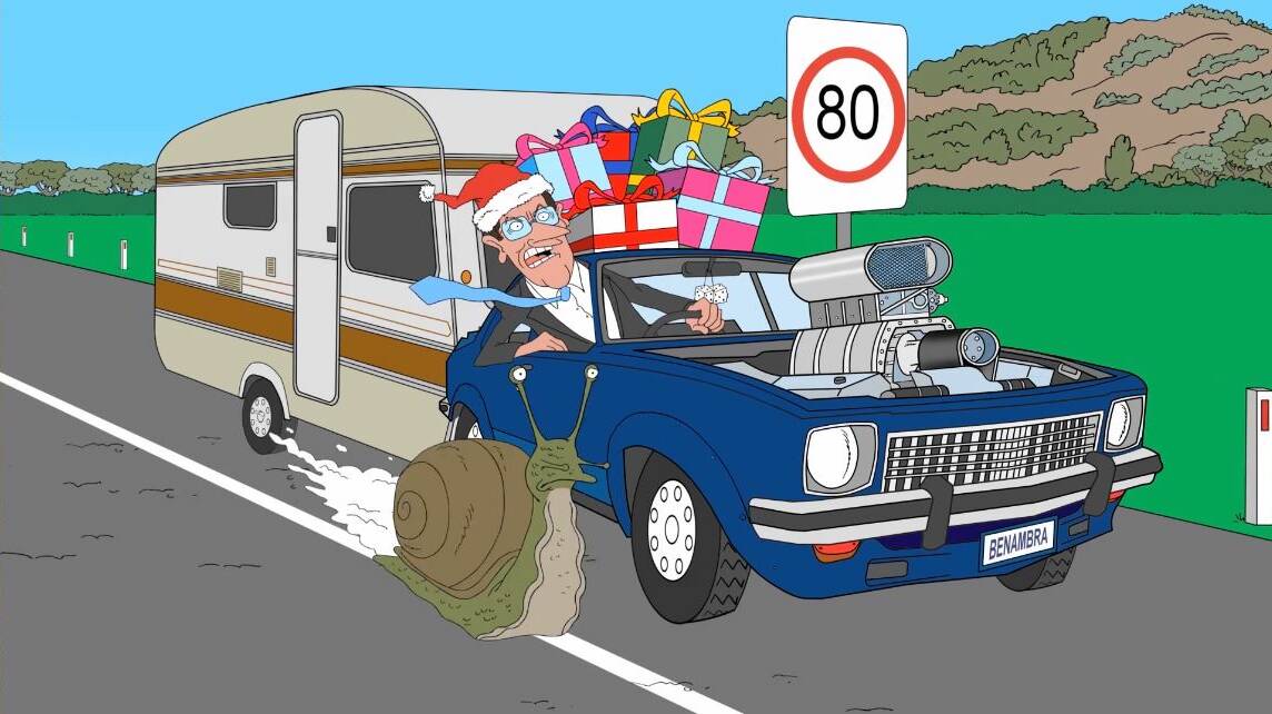 Arrghh: A cartoon Bill Tilley hits the brakes in the Hume Freeway's 80km/h zone in his yuletide video which has replaced his usual Christmas cards.
