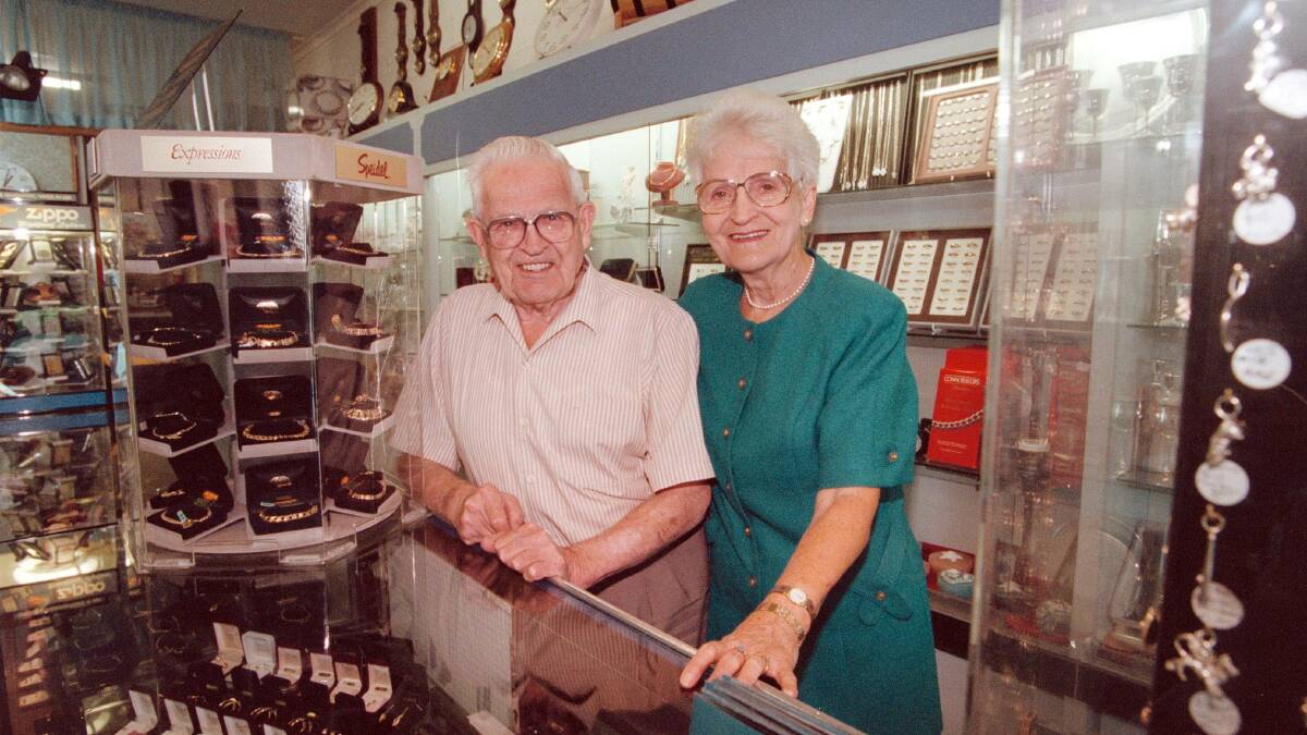 Time keepers: Gordon and Flora at Wodonga Jewellers in February 1998 when they retired from the business which was the first business of its type to open in the city. 