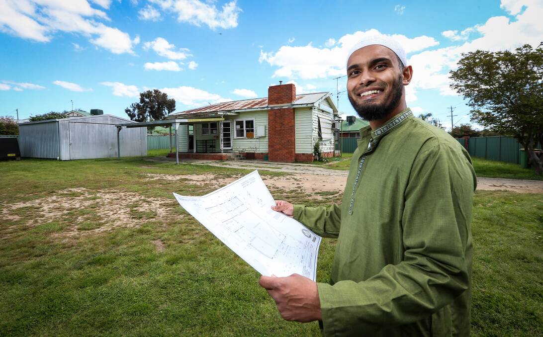 Ready for renewal: Yakub Mohammed in front of the Border's existing mosque with plans for a new place of worship. Picture: JAMES WILTSHIRE