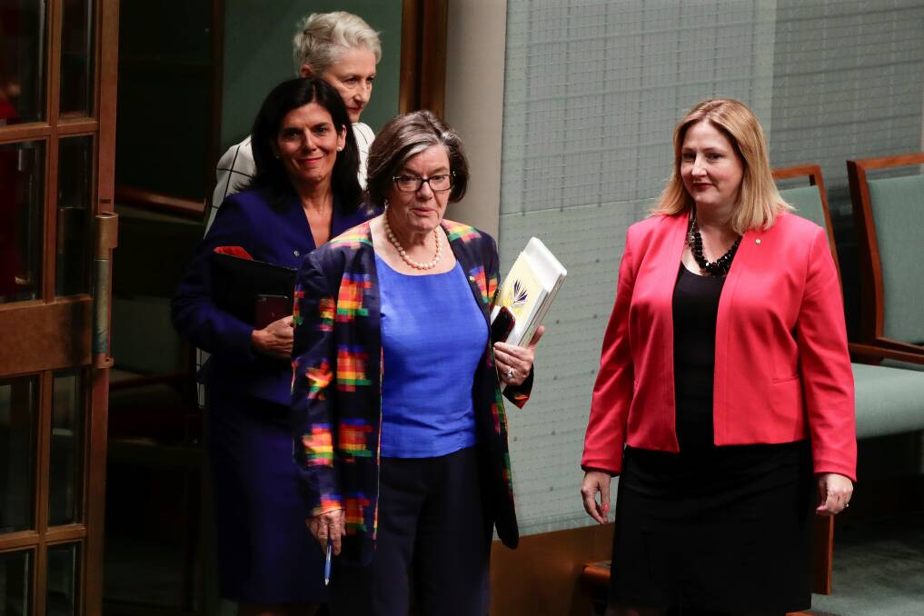 The crossbench crew: Cathy McGowan armed with a notepad joins fellow independents Julia Banks, Kerryn Phelps, Rebekha Sharkie in federal parliament this week following Ms Banks' departure from the Liberal Party.