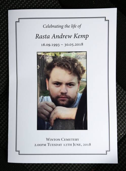 Cherished: The order of service for Rasta Kemp's funeral. A framed version of the same photograph was carried by his girlfriend Ebony Clark and placed on his coffin for the service. 