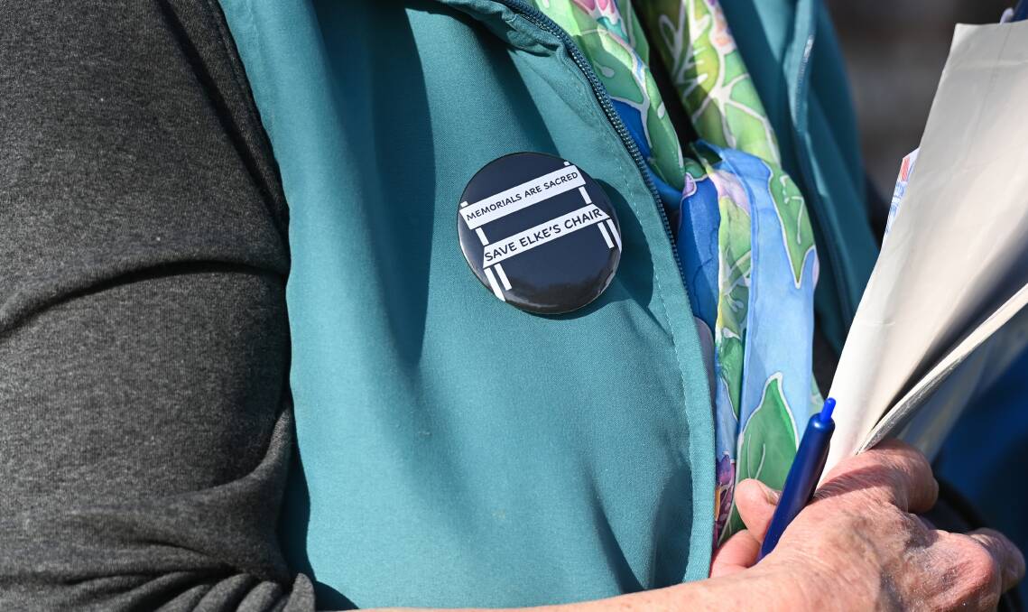 A badge distributed at Eastern Hill on Sunday afternoon. The message reflects concerns at a plan to replace a bench dedicated to Elke Black. Picture by Mark Jesser.