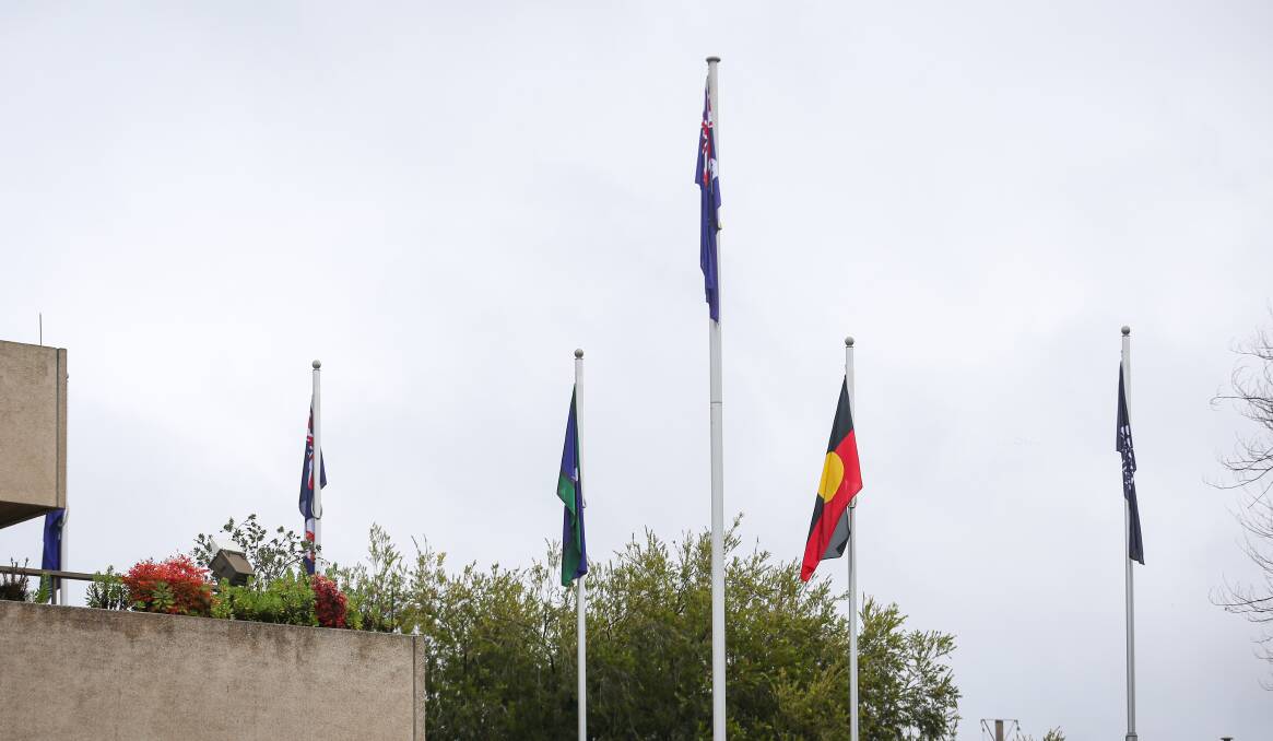 In place: Aboriginal and Torres Strait Islander flags now fly outside Albury's council chamber along with the city's paddle steamer logo and NSW and Australian standards. The move follows the council adopting a protocol. Picture: JAMES WILTSHIRE