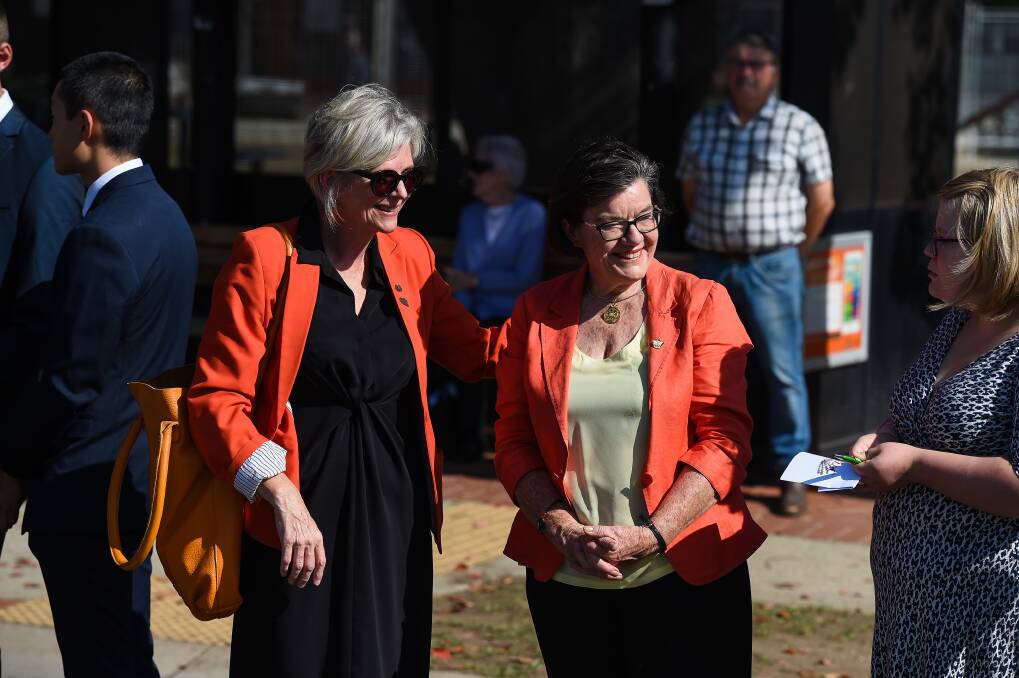 On hand: Independent candidate Helen Haines with member for Indi Cathy McGowan during the Anzac Day parade in Wodonga last week. The contender was accused by the Nationals of snubbing the occasion. Picture: MARK JESSER