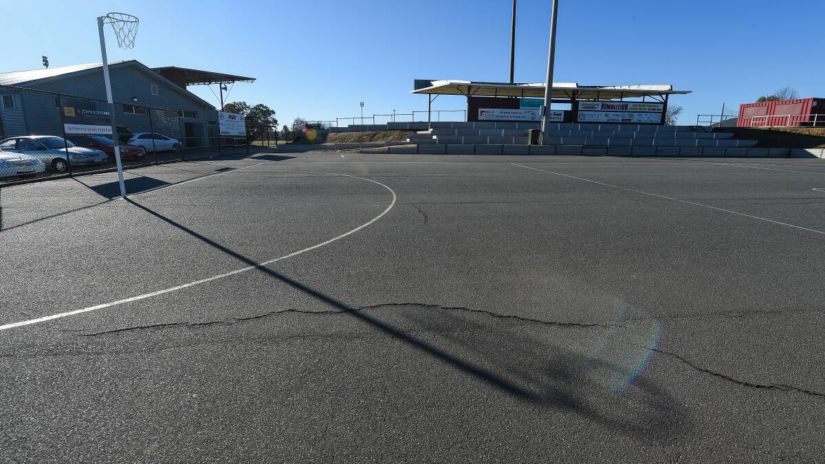 Disfigurement: One of the cracks which riddle the netball court at Martin Park that will be used for Ovens and Murray preliminary finals. The league this week flagged the venue's use for the penultimate week of the season.