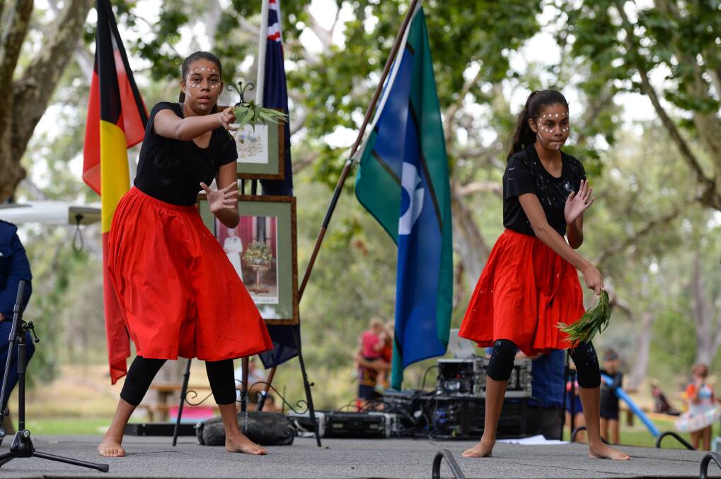 Indigenous link: Dancers perform at Albury Council's Australia Day formalities in Noreuil Park. The city is promoting its commitment to the Aboriginal community by supporting the Uluru statement and adopting a reconciliation plan.