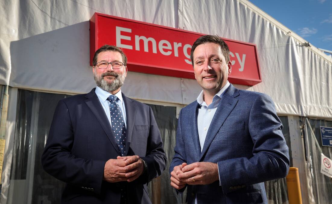 Benambra MP Bill Tilley and Matthew Guy in June when the Victorian Opposition leader committed to providing $300 million for a new Border hospital. Picture by James Wiltshire.