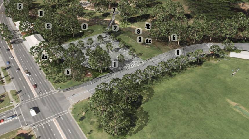 An artist's image looking south showing how the new car park in Australia Park will appear with a bridge leading from it to the Oddies Creek Park playground. Wodonga Place is to the left. Picture from Albury Council