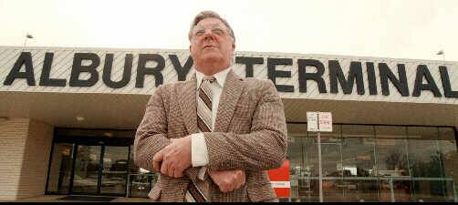 Legacy: Les Langford outside the Albury airport terminal in 1997 which he helped to foster as part of federal investment in the 1980s.
