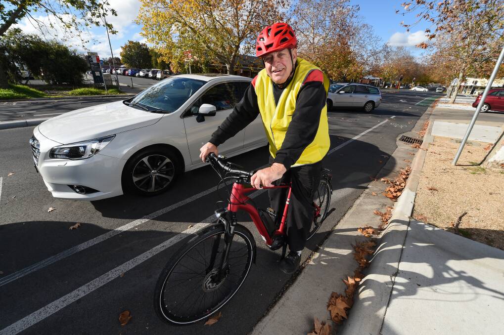 Spokes-man: Former mayor Henk van de Ven has recently bought a bicycle and became familiar with life riding around Albury. One of his concerns is having bicycle lanes next to gutters rather than between parked cars and traffic.