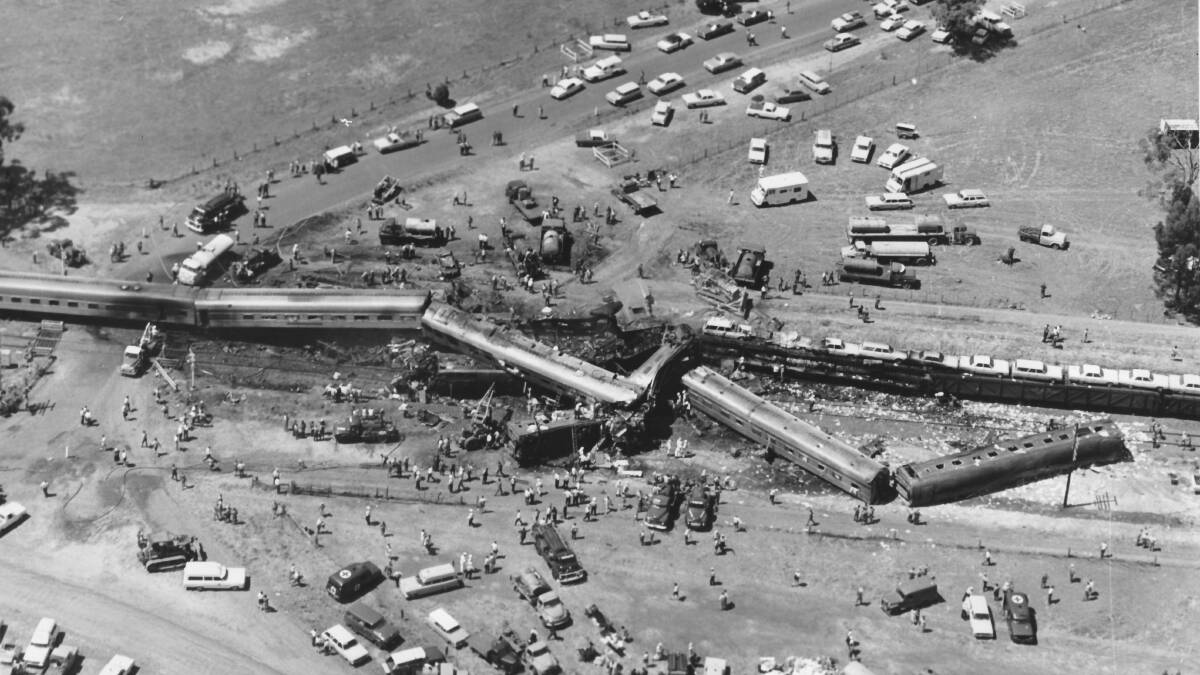 Mind-blowing: The horrific sight which greeted rescuers after the Southern Aurora and goods train collided at Violet Town on February 7, 1969.