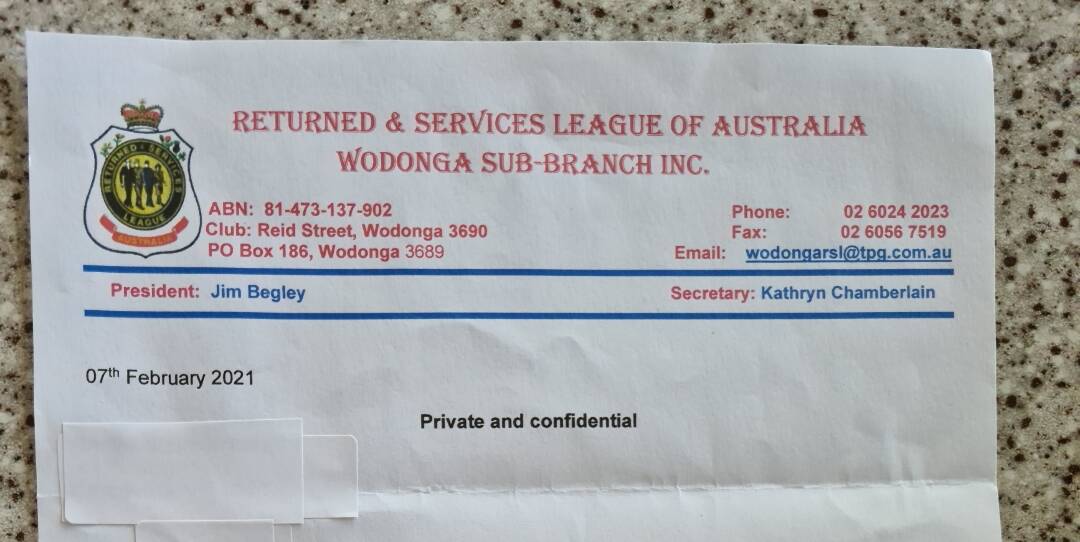 Call to respond: A letterhead from correspondence sent by the Wodonga RSL sub-branch asking people to attend the sub-branch and explain their actions.