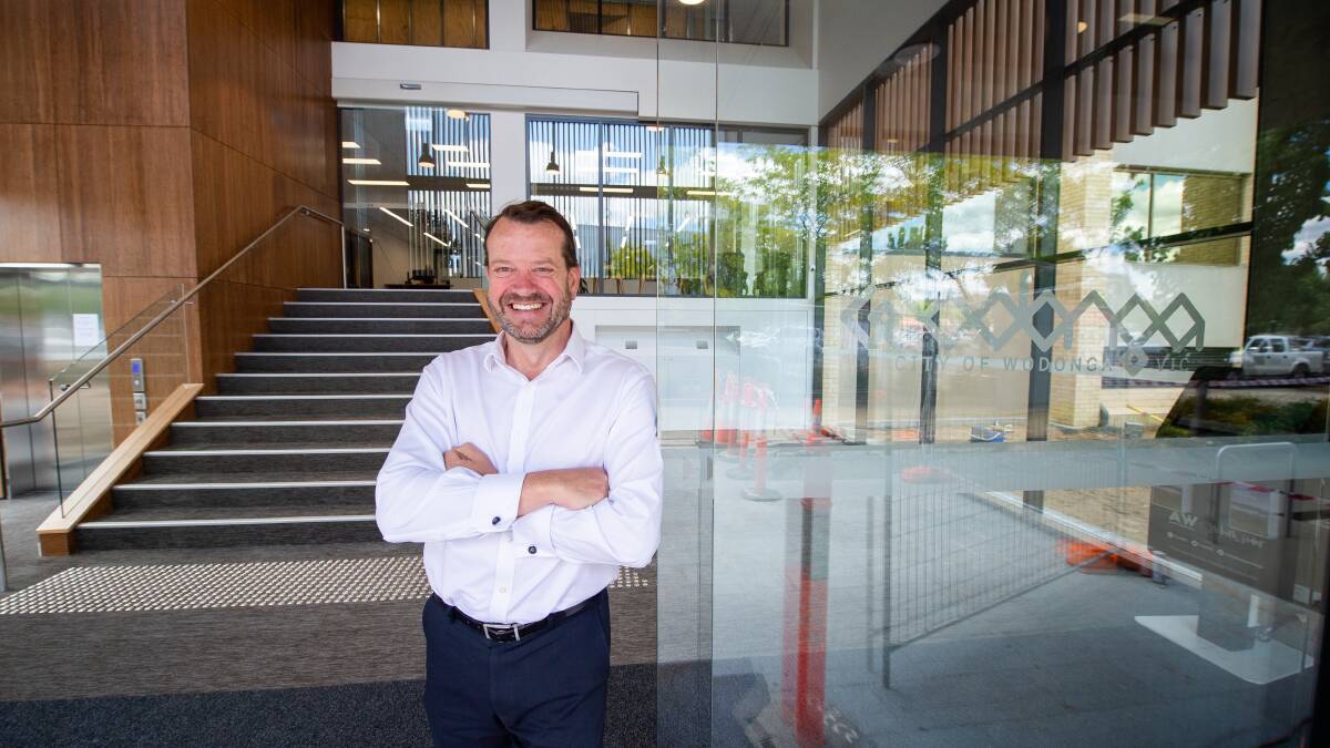 Doorman: Wodonga Council chief executive Mark Dixon at the entrance to the revamped reception area at the city's Hovell Street head office. Picture: MARK JESSER