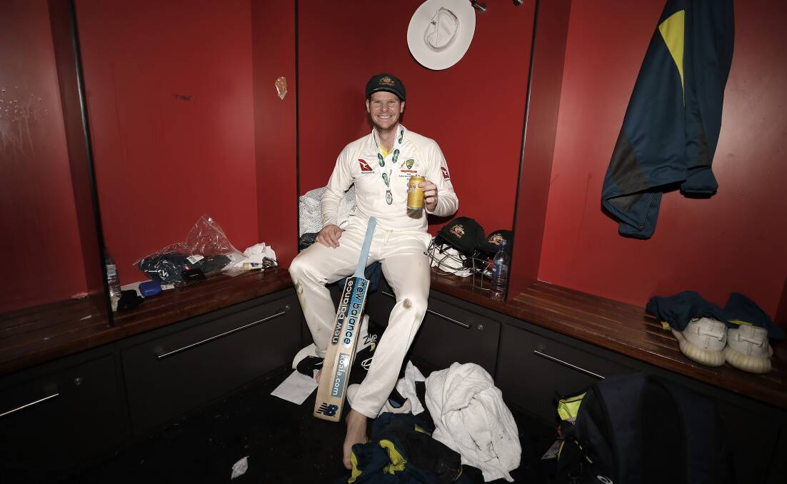 Mammoth effort: Steve Smith celebrates his team's retention of the Ashes and his man of the match performance in the fourth Test at Old Trafford.