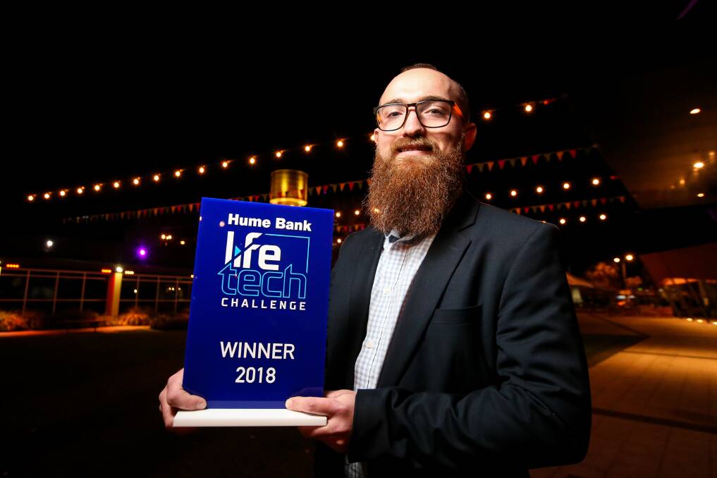 On his mettle: Sid Duncan-Steele with his trophy after triumphing in the 2018 Life Tech Challenge overseen by the Hume Bank. Picture: JAMES WILTSHIRE