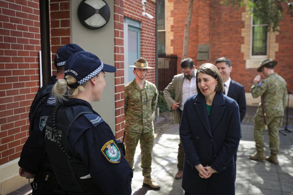 Thank you: Following her media conference, Gladys Berejiklian gives appreciation to police involved in patrolling the state border. Picture: JAMES WILTSHIRE