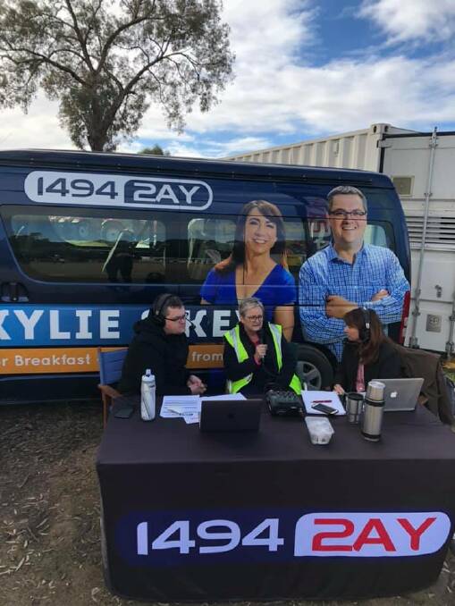 Switch: Radio 2AY duo Kev Poulton and Kylie King on air from the Henty field days last year. Picture: FACEBOOK
